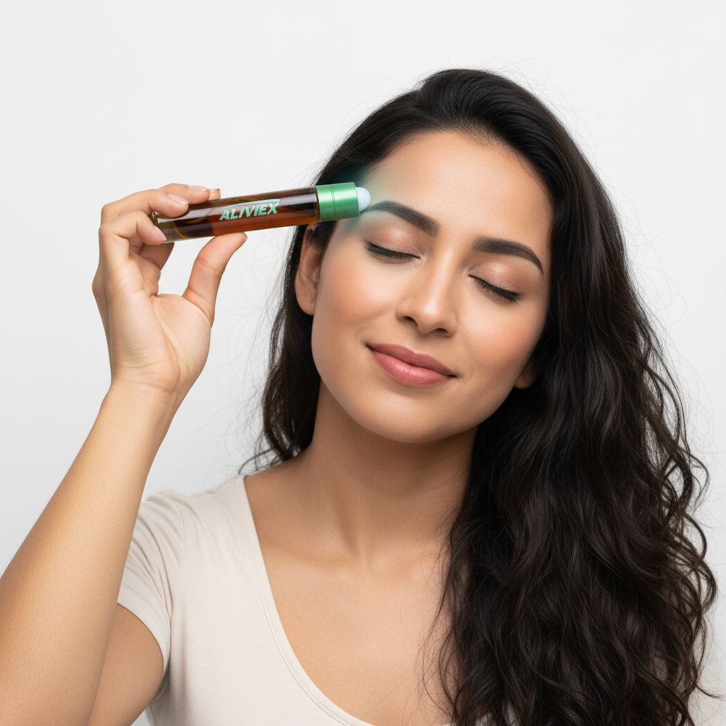 Mujer aplicando ALIVIEX en la sien para alivio de migraña